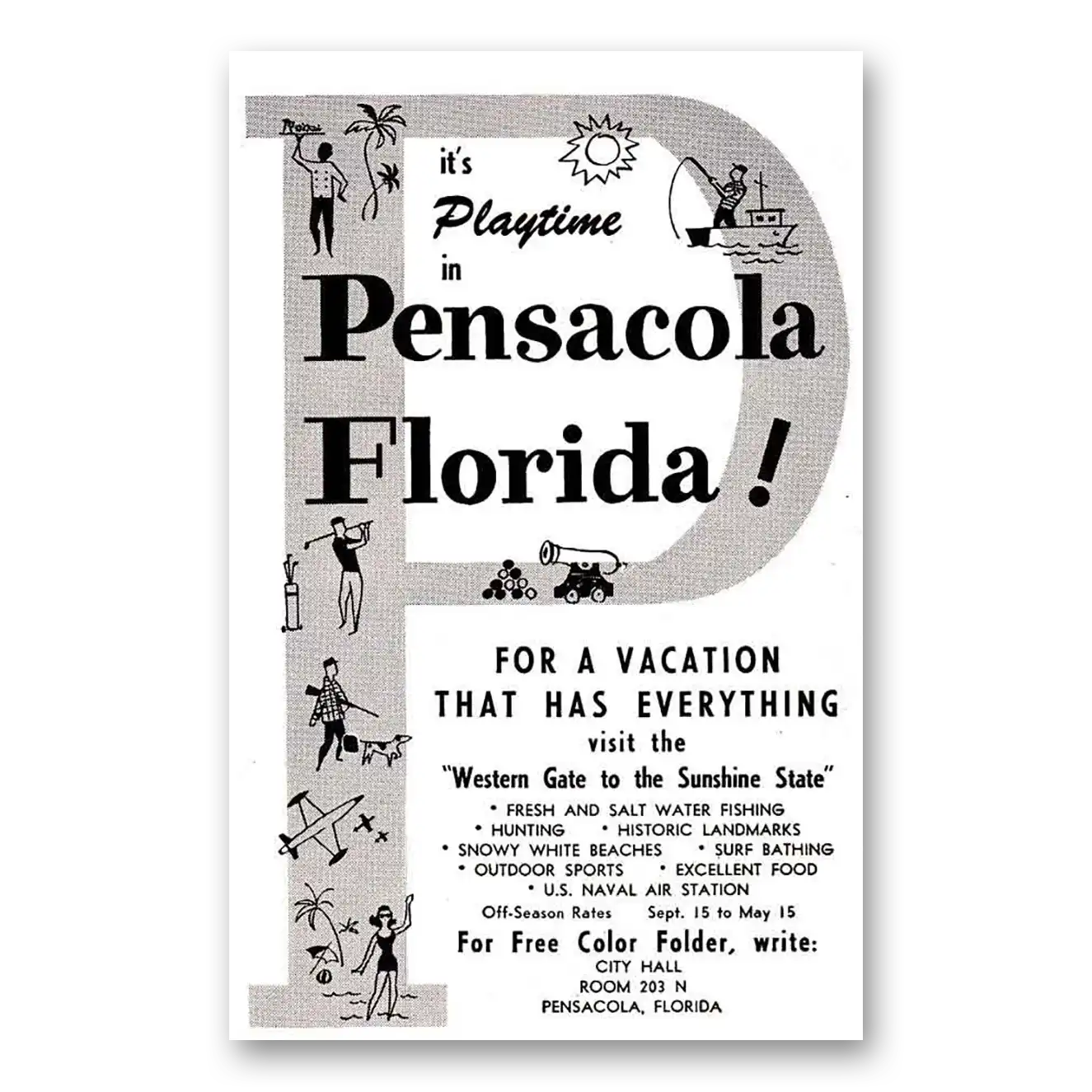 1958 Pensacola Florida Playtime Vintage Magazine Print Ad