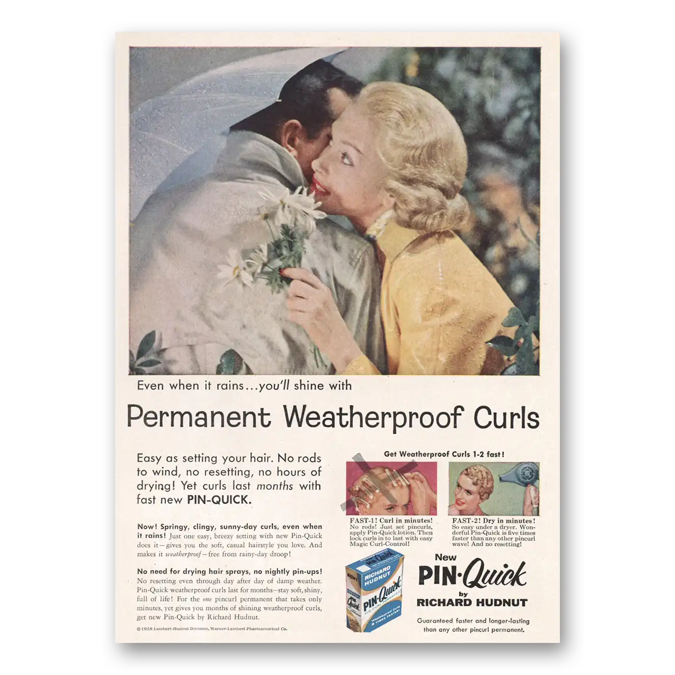 1958 Richard Hudnut Pin Quick Weatherproof Curls Vintage Magazine Print Ad