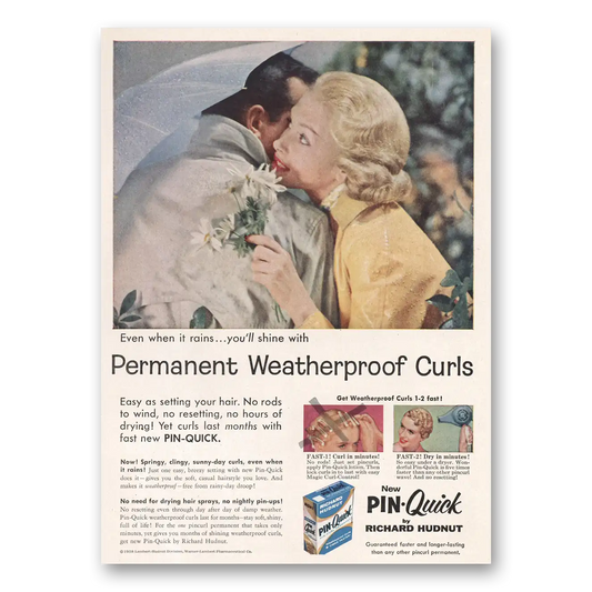 1958 Richard Hudnut Pin Quick Weatherproof Curls Vintage Magazine Print Ad