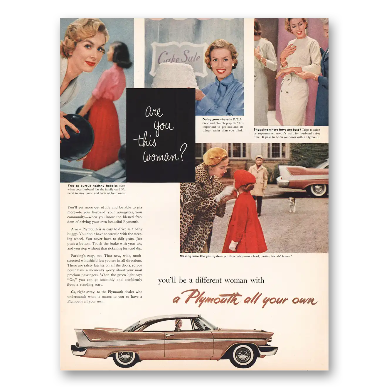 1958 Plymouth Are You This Woman Cake Sale Vintage Magazine Print Ad