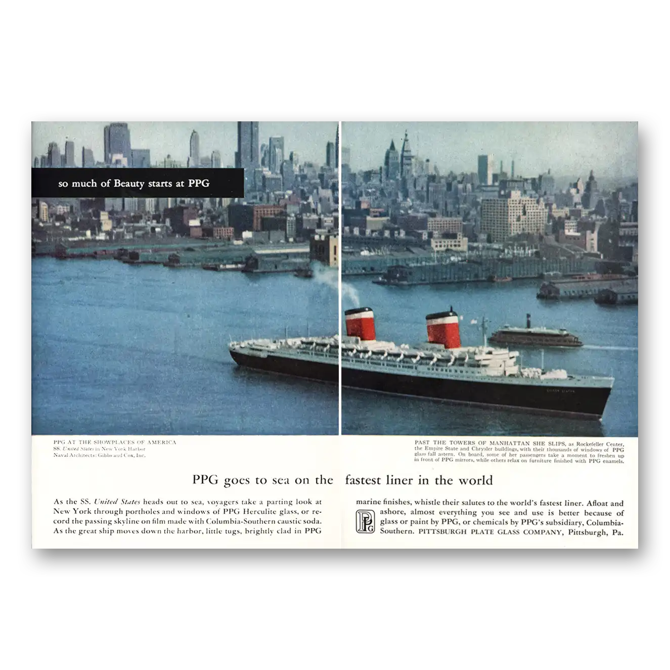 1958 PPG Pittsburgh Plate Glass New York Harbor Manhattan Vintage Magazine Print Ad