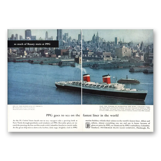 1958 PPG Pittsburgh Plate Glass New York Harbor Manhattan Vintage Magazine Print Ad