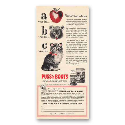 1958 Puss n Boots Remember When ABC Vintage Magazine Print Ad