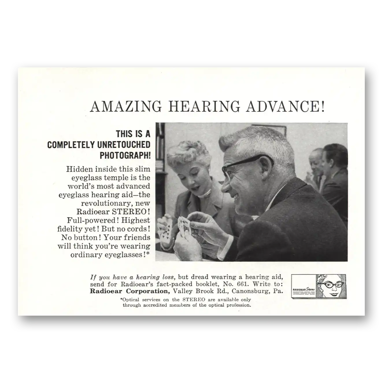 1958 Radioear Hearing Aid Amazing Hearing Device Vintage Magazine Print Ad