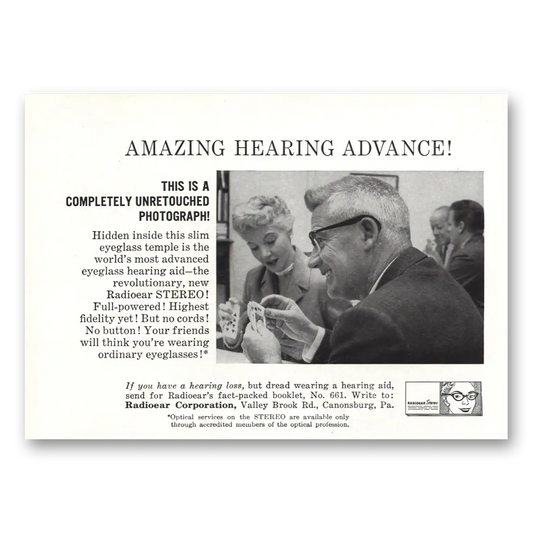 1958 Radioear Hearing Aid Amazing Hearing Device Vintage Magazine Print Ad