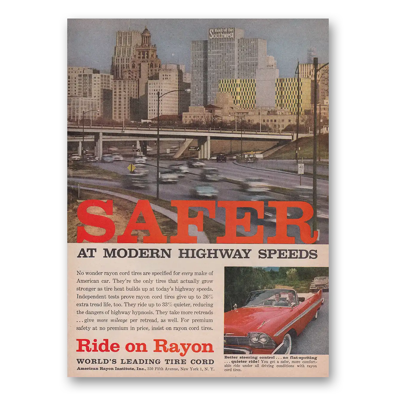 1958 American Rayon Tire Cord Safe At Modern Highway Speeds Vintage Magazine Print Ad