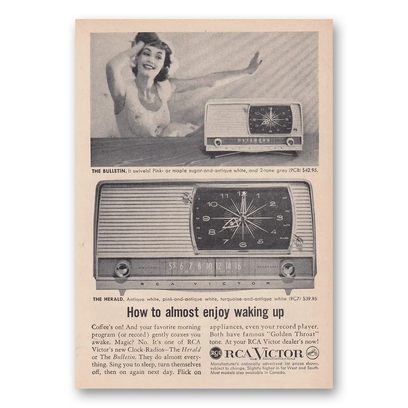 1958 RCA Victor Clock Radio How to Almost Enjoy Waking Up Vintage Magazine Print Ad