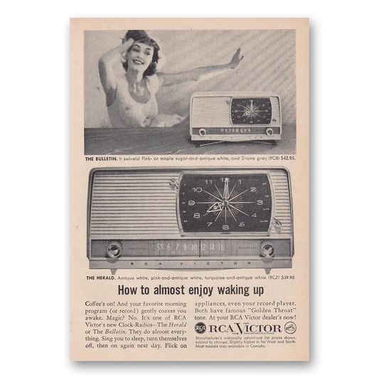 1958 RCA Victor Clock Radio How to Almost Enjoy Waking Up Vintage Magazine Print Ad