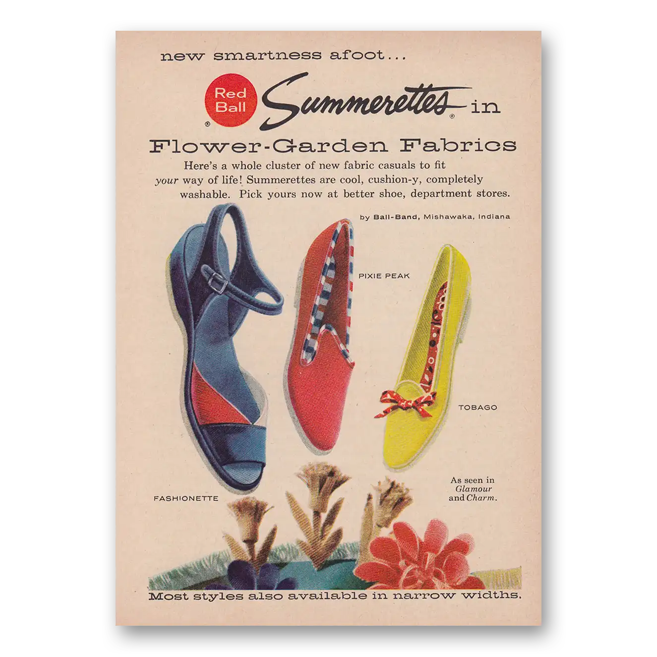 1958 Red Ball Shoes Summerettes Flower Garden Fabrics Vintage Magazine Print Ad