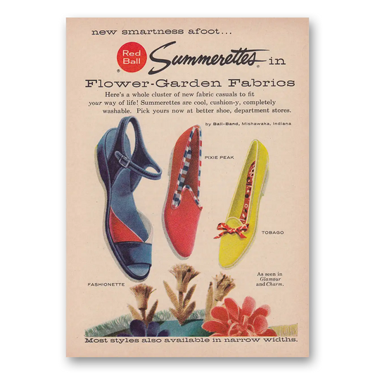 1958 Red Ball Shoes Summerettes Flower Garden Fabrics Vintage Magazine Print Ad