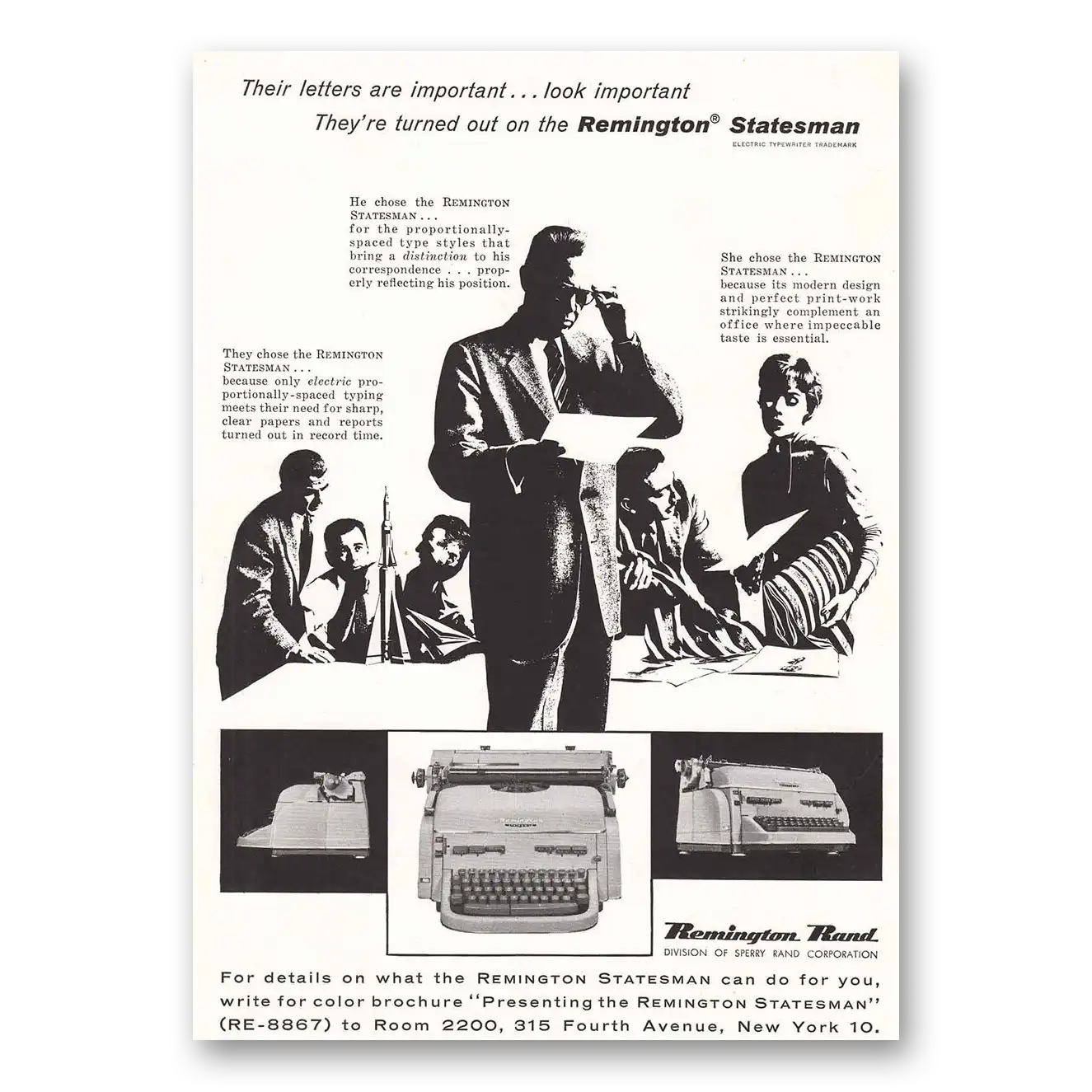 1958 Remington Typewriter Statesman Letters are Important Vintage Magazine Print Ad