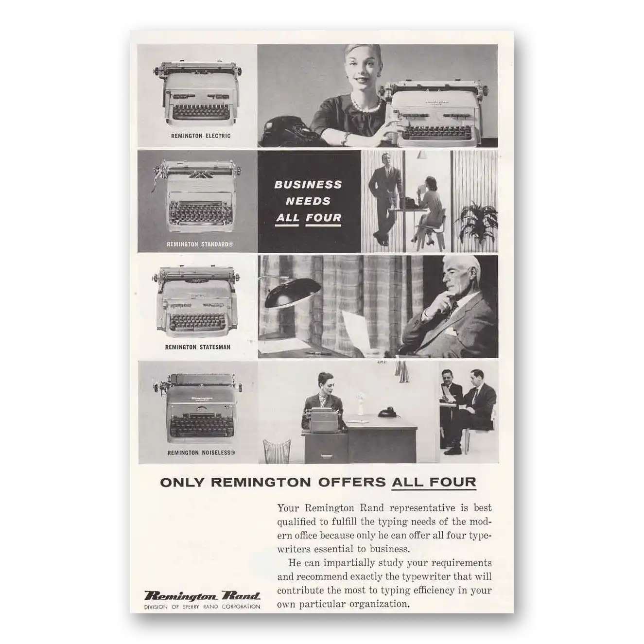 1958 Remington Typewriter Business Needs All Four Vintage Magazine Print Ad