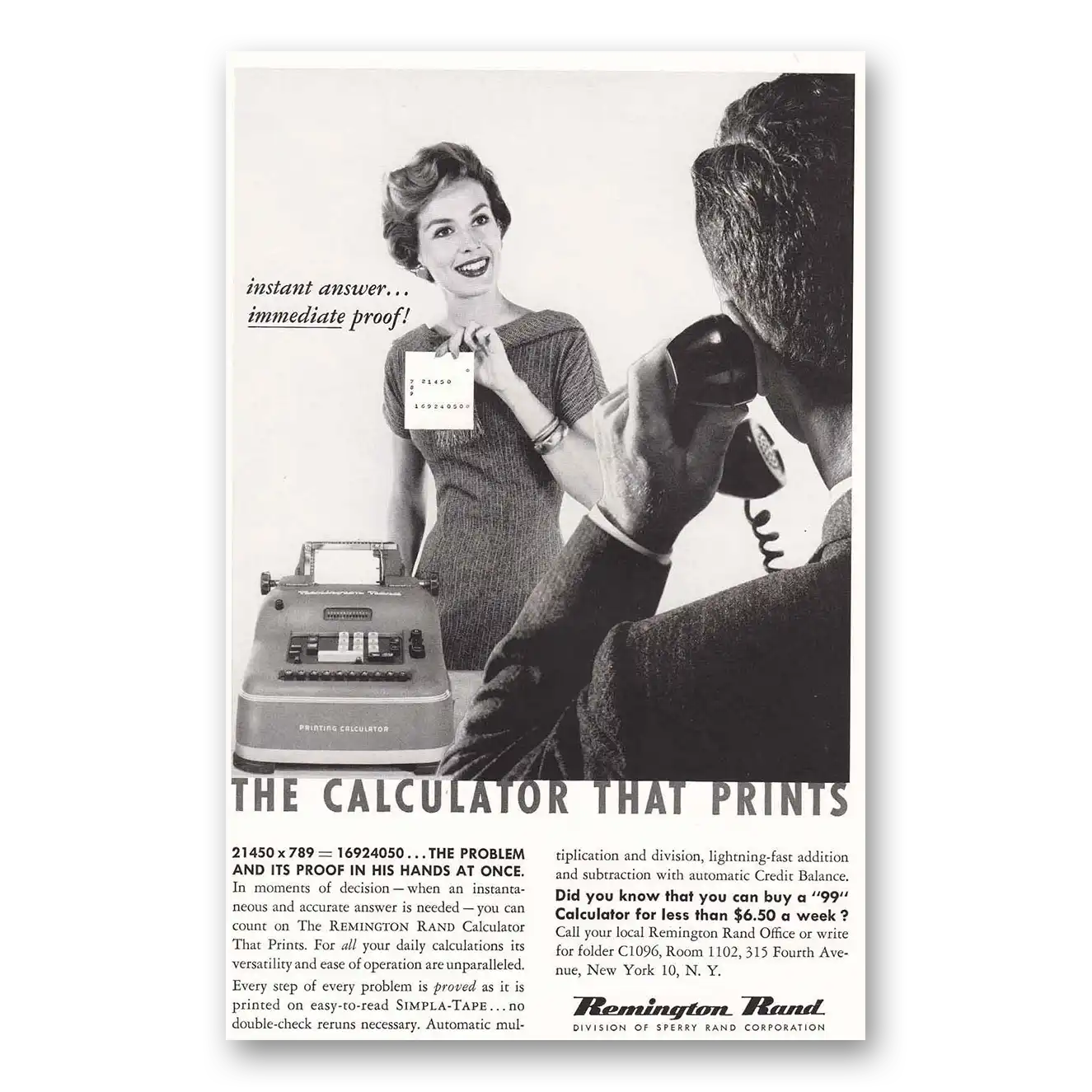 1958 Remington Rand Printing Calculator Calculator That Prints Vintage Magazine Print Ad