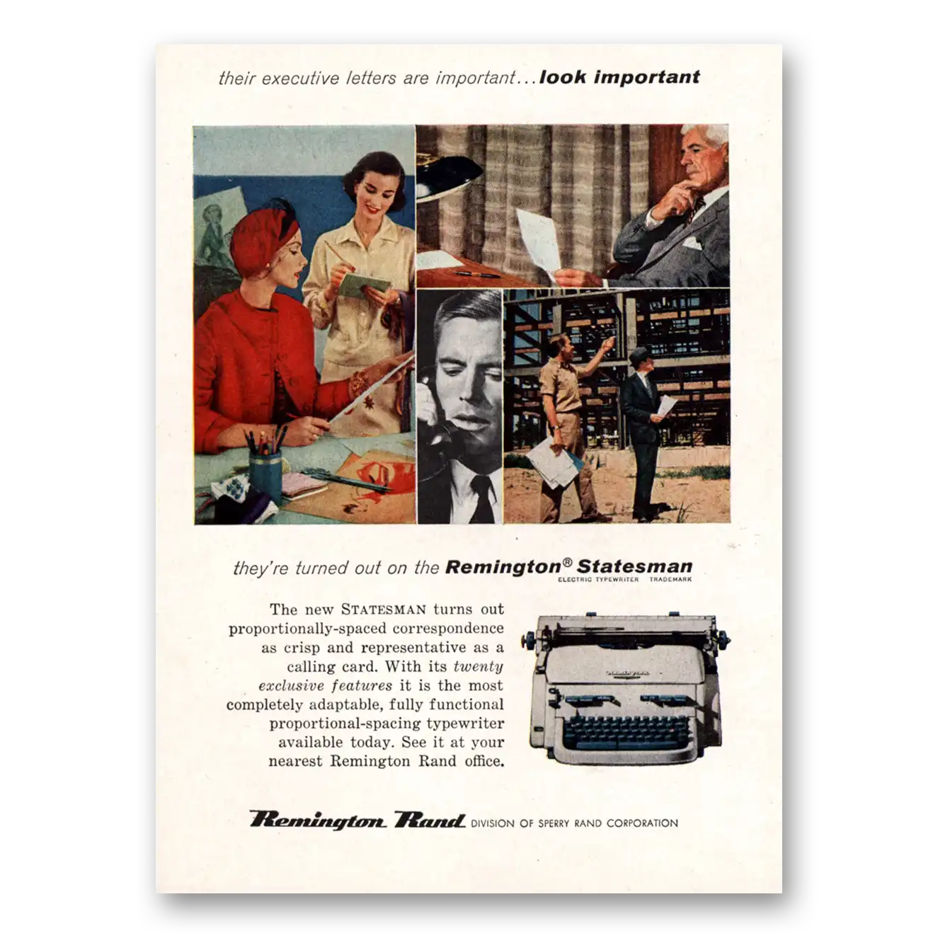 1958 Remington Typewriter Statesman Look Important Vintage Magazine Print Ad