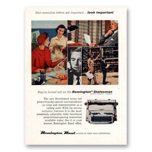 1958 Remington Typewriter Statesman Look Important Vintage Magazine Print Ad