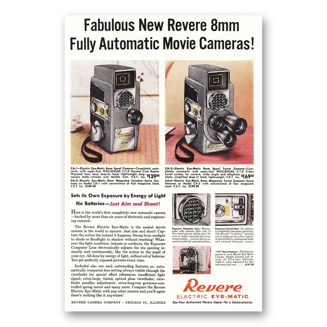 1958 Revere Camera Fabulous Fully Automatic Movie Cameras Vintage Magazine Print Ad