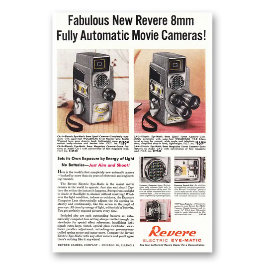 1958 Revere Camera Fabulous Fully Automatic Movie Cameras Vintage Magazine Print Ad