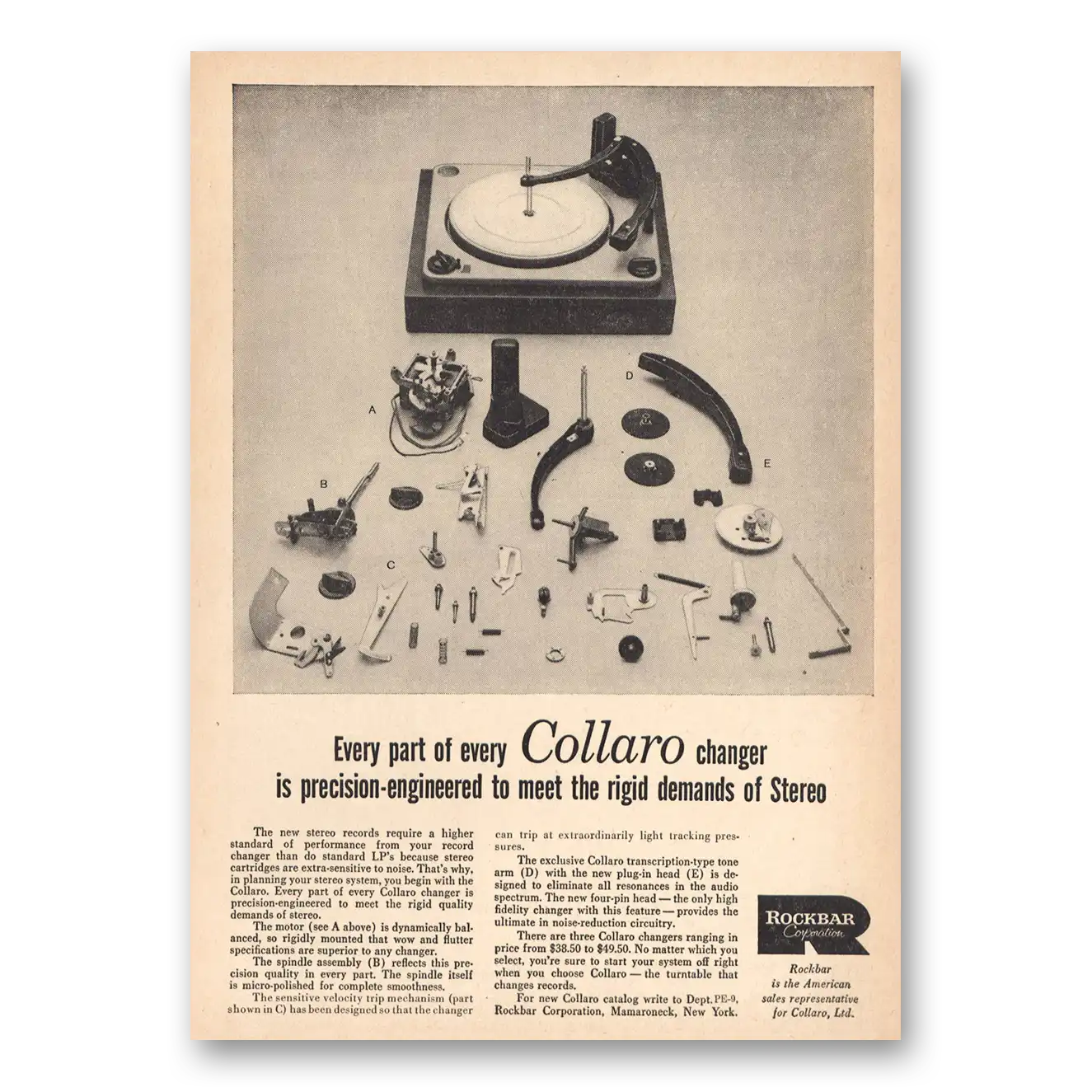 1958 Rockbar Corporation Every Part Collaro Changer Vintage Magazine Print Ad