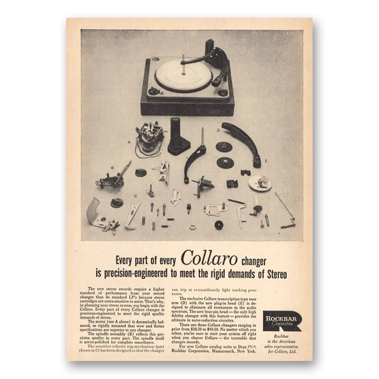 1958 Rockbar Corporation Every Part Collaro Changer Vintage Magazine Print Ad