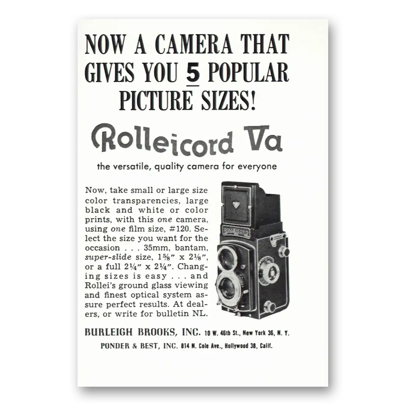 1958 Rolleicord Camera Popular Picture Sizes Vintage Magazine Print Ad