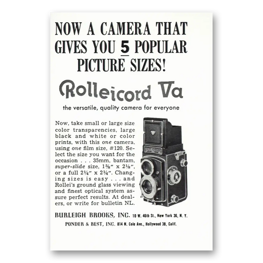 1958 Rolleicord Camera Popular Picture Sizes Vintage Magazine Print Ad