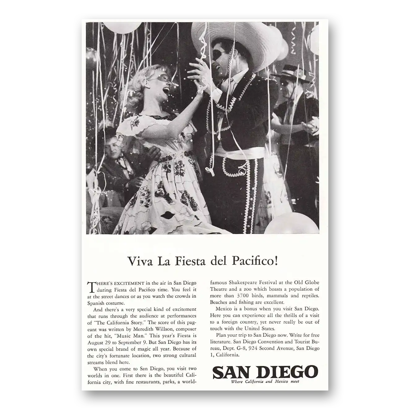 1958 San Diego California Viva La Fiesta del Pacifico Vintage Magazine Print Ad