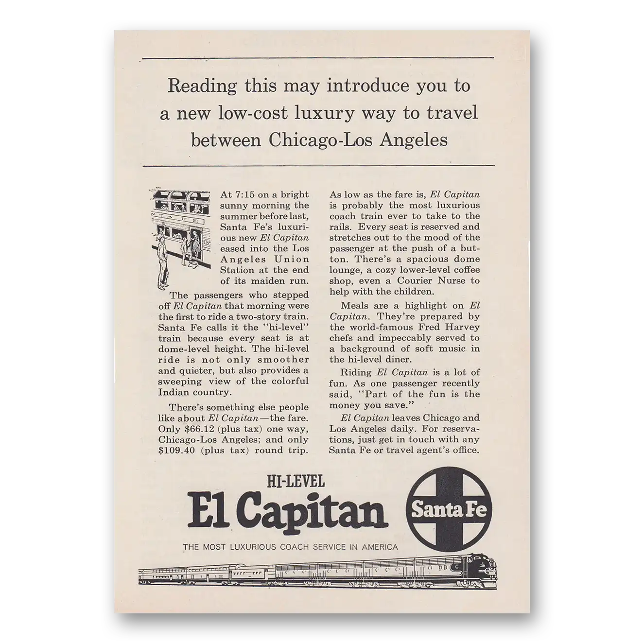 1958 Santa Fe Railway El Capitan Low Cost Luxury Way to Travel Vintage Magazine Print Ad