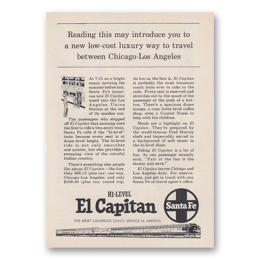 1958 Santa Fe Railway El Capitan Low Cost Luxury Way to Travel Vintage Magazine Print Ad