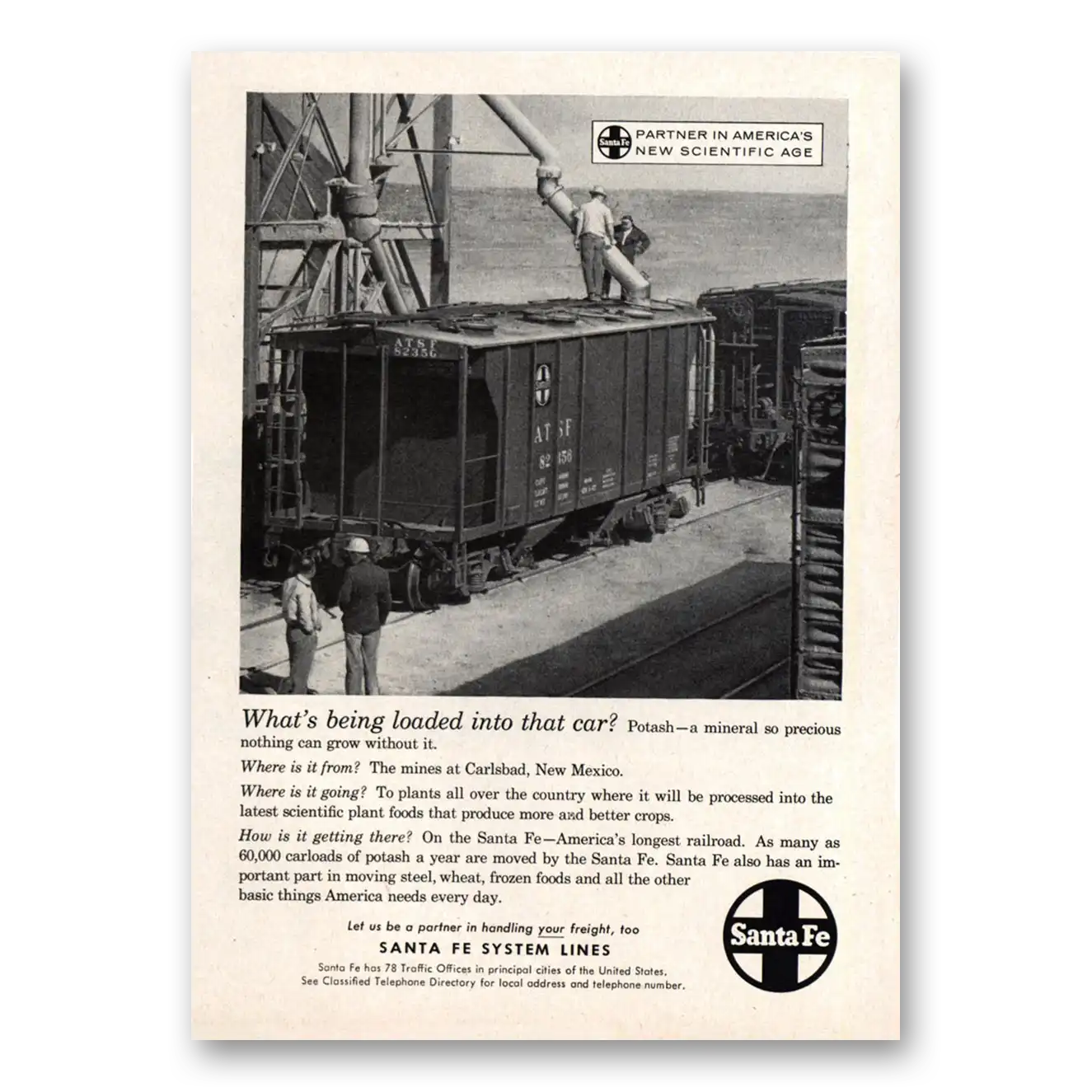 1958 Santa Fe Railway What's Being Loaded Into That Car Vintage Magazine Print Ad