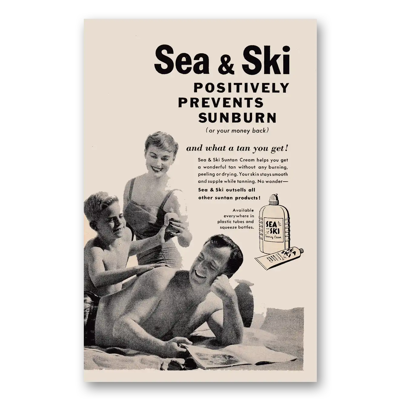 1958 Sea & Ski Suntan Lotion Positively Prevents Sunburn Vintage Magazine Print Ad