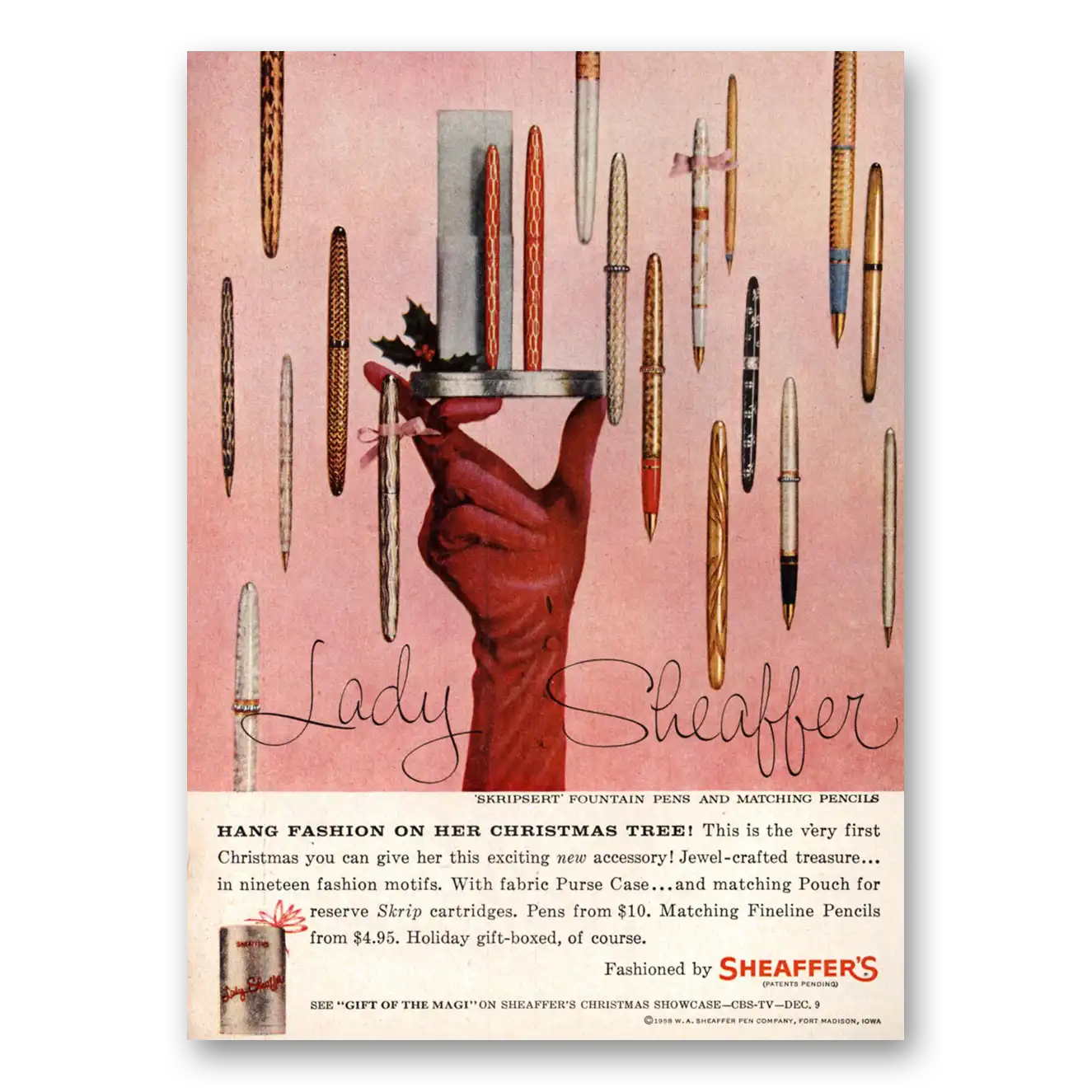 1958 Lady Sheaffer Pen Hang Fashion On Her Christmas Tree Vintage Magazine Print Ad