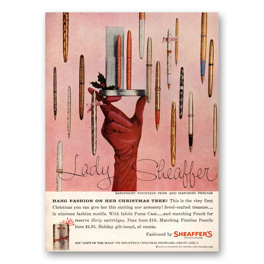 1958 Lady Sheaffer Pen Hang Fashion On Her Christmas Tree Vintage Magazine Print Ad