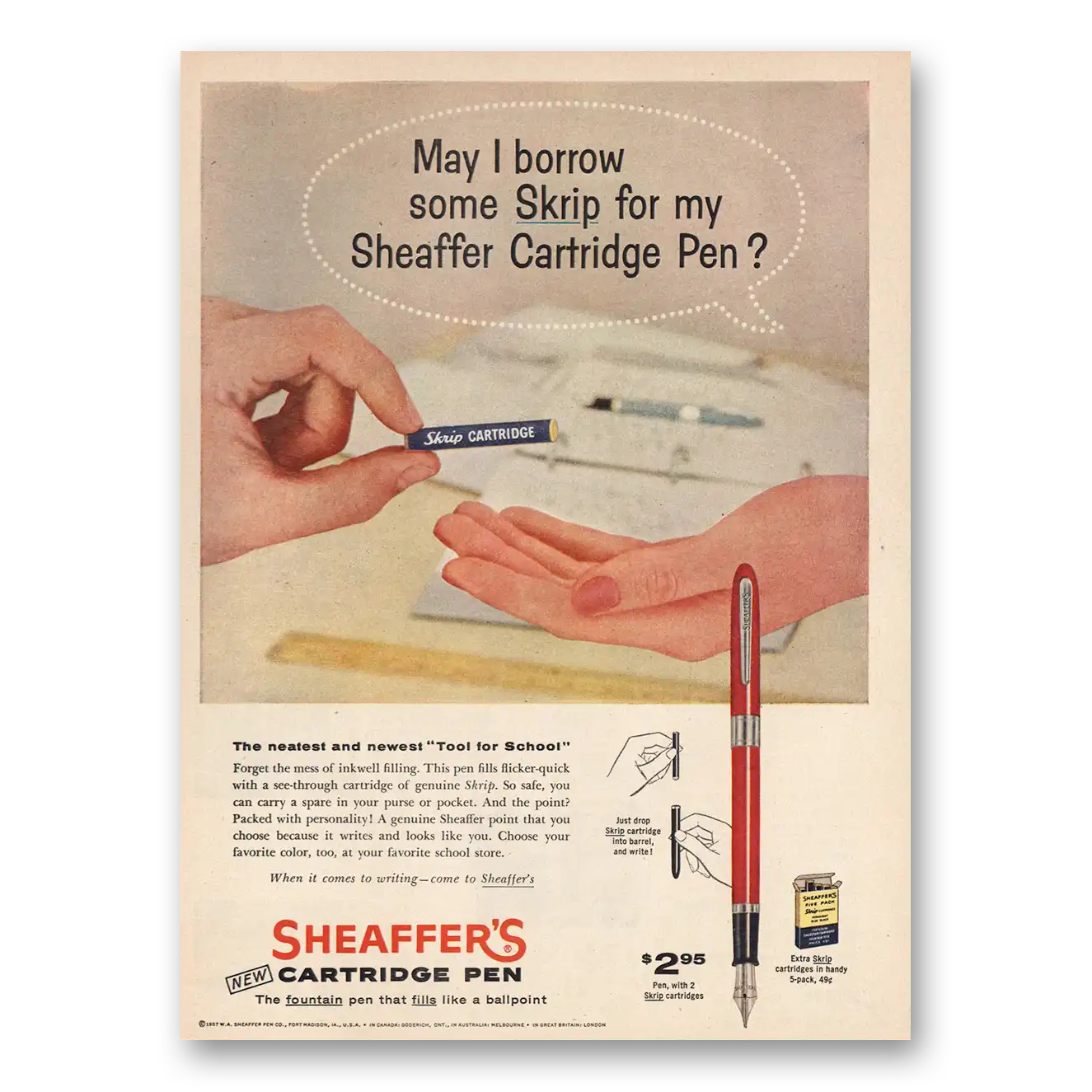 1958 Sheaffer Pen May I Borrow Some Skrip Vintage Magazine Print Ad