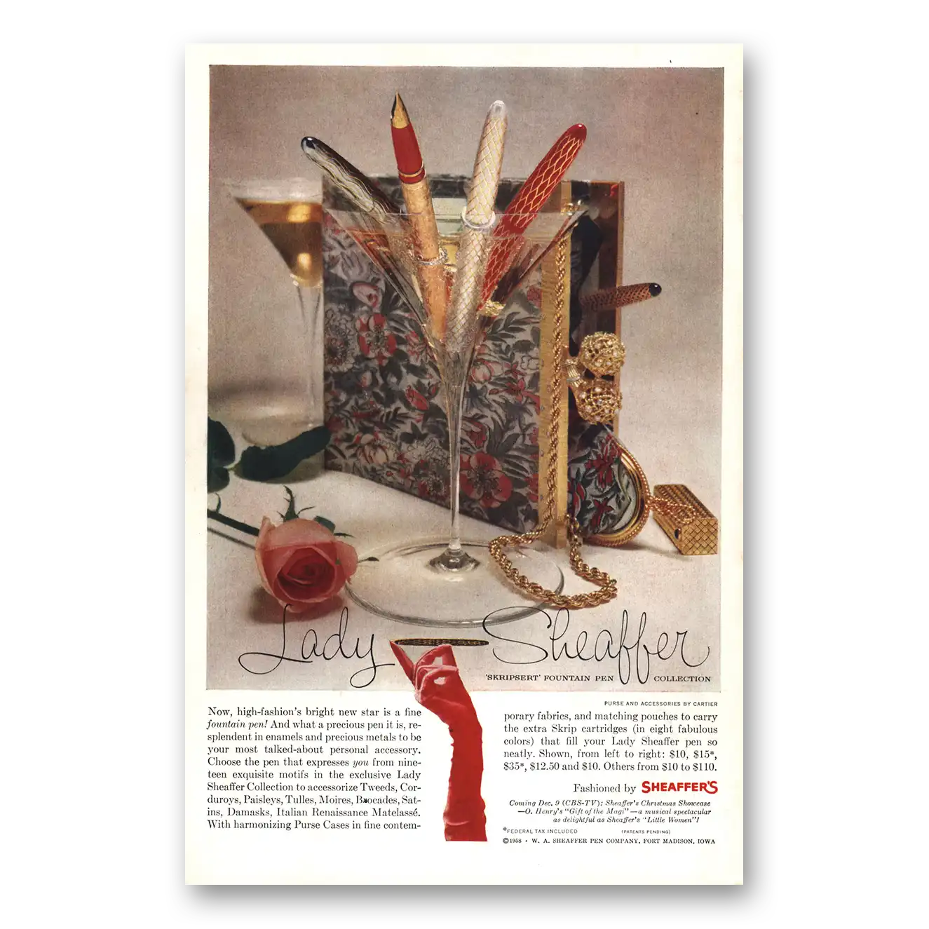 1958 Lady Sheaffer Pen High Fashion Vintage Magazine Print Ad