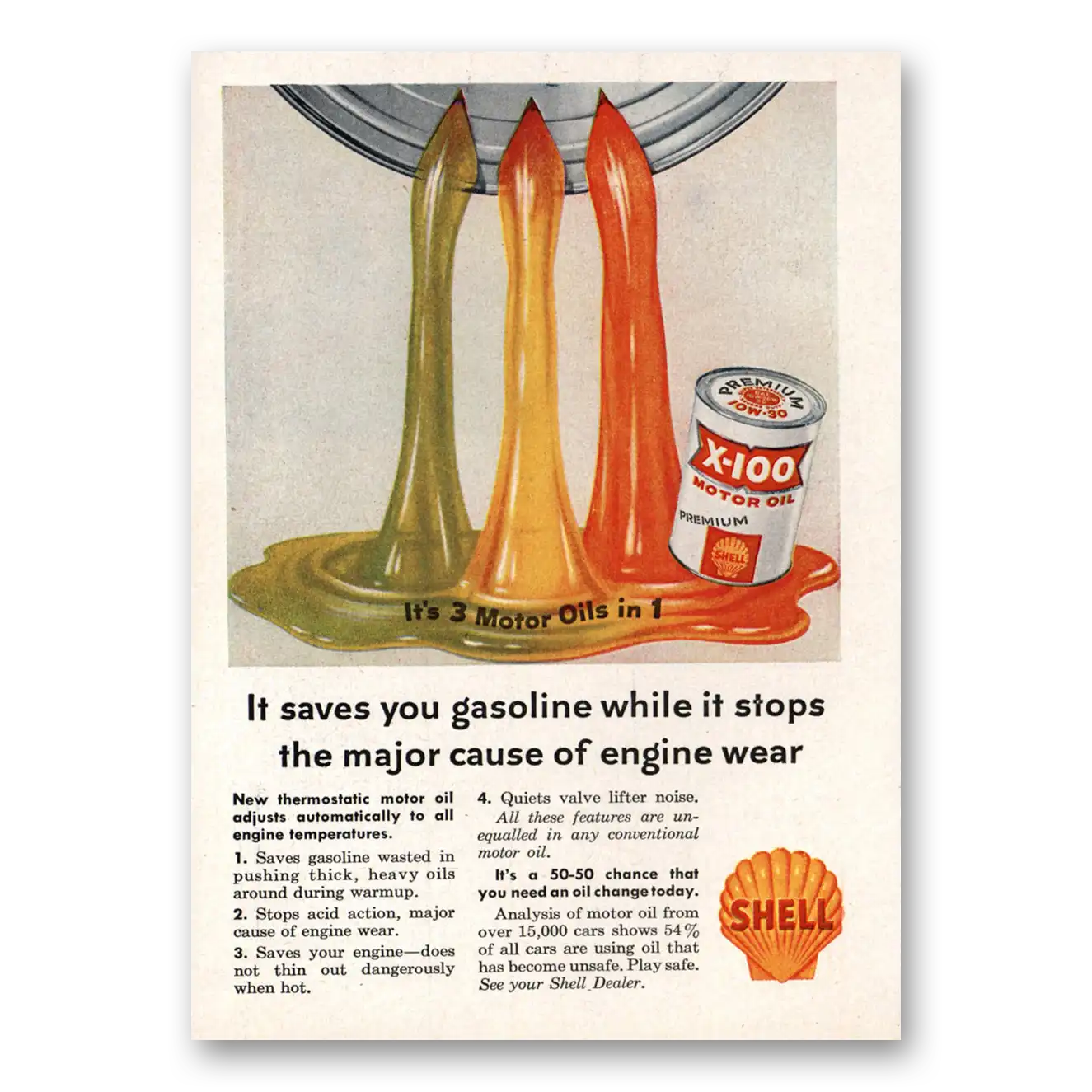 1958 Shell Motor Oil X100 Oil Saves You Gasoline Vintage Magazine Print Ad