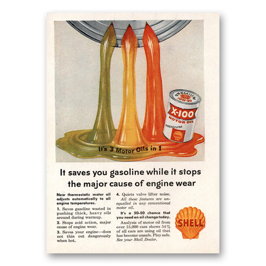 1958 Shell Motor Oil X100 Oil Saves You Gasoline Vintage Magazine Print Ad