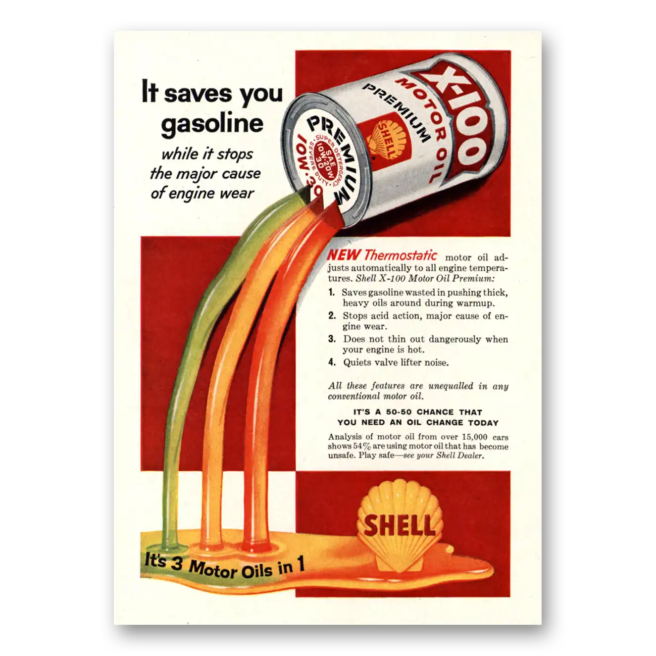 1958 Shell Motor Oil Saves You Gasoline Vintage Magazine Print Ad