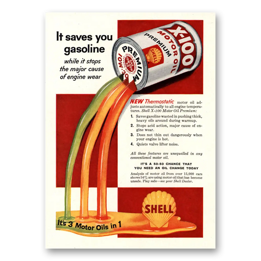 1958 Shell Motor Oil Saves You Gasoline Vintage Magazine Print Ad