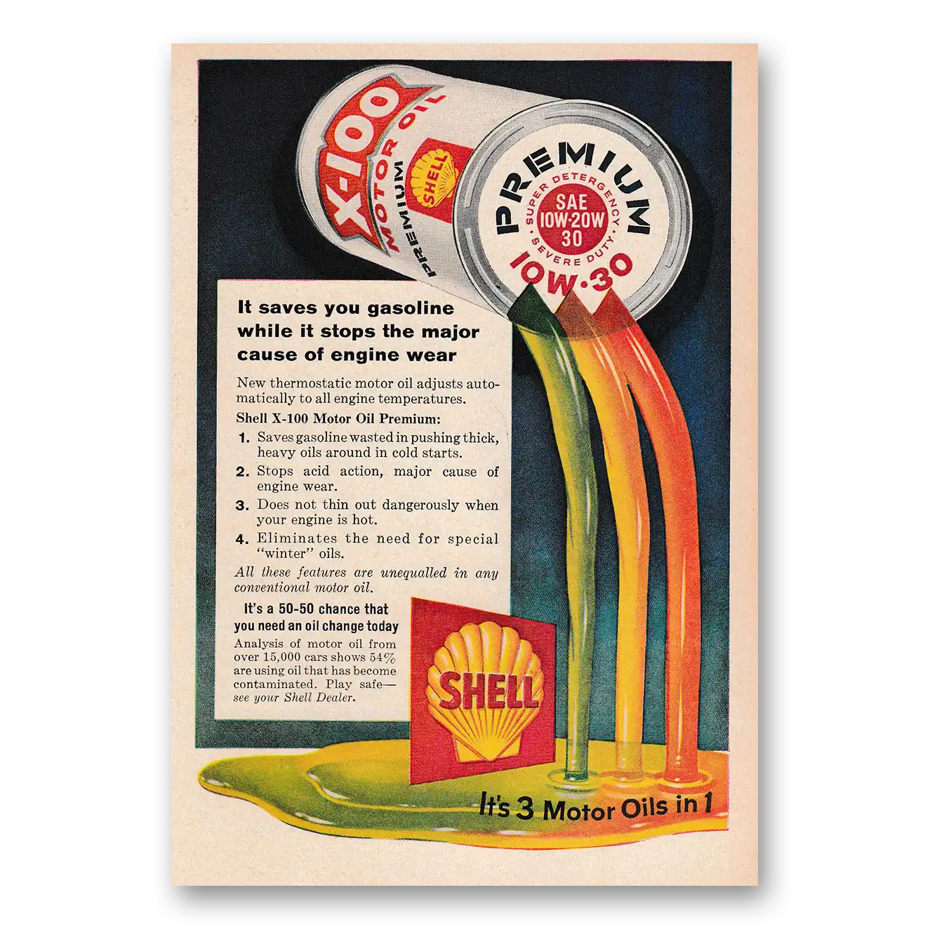 1958 Shell Motor Oil It Saves You Gasoline Vintage Magazine Print Ad