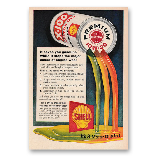 1958 Shell Motor Oil It Saves You Gasoline Vintage Magazine Print Ad