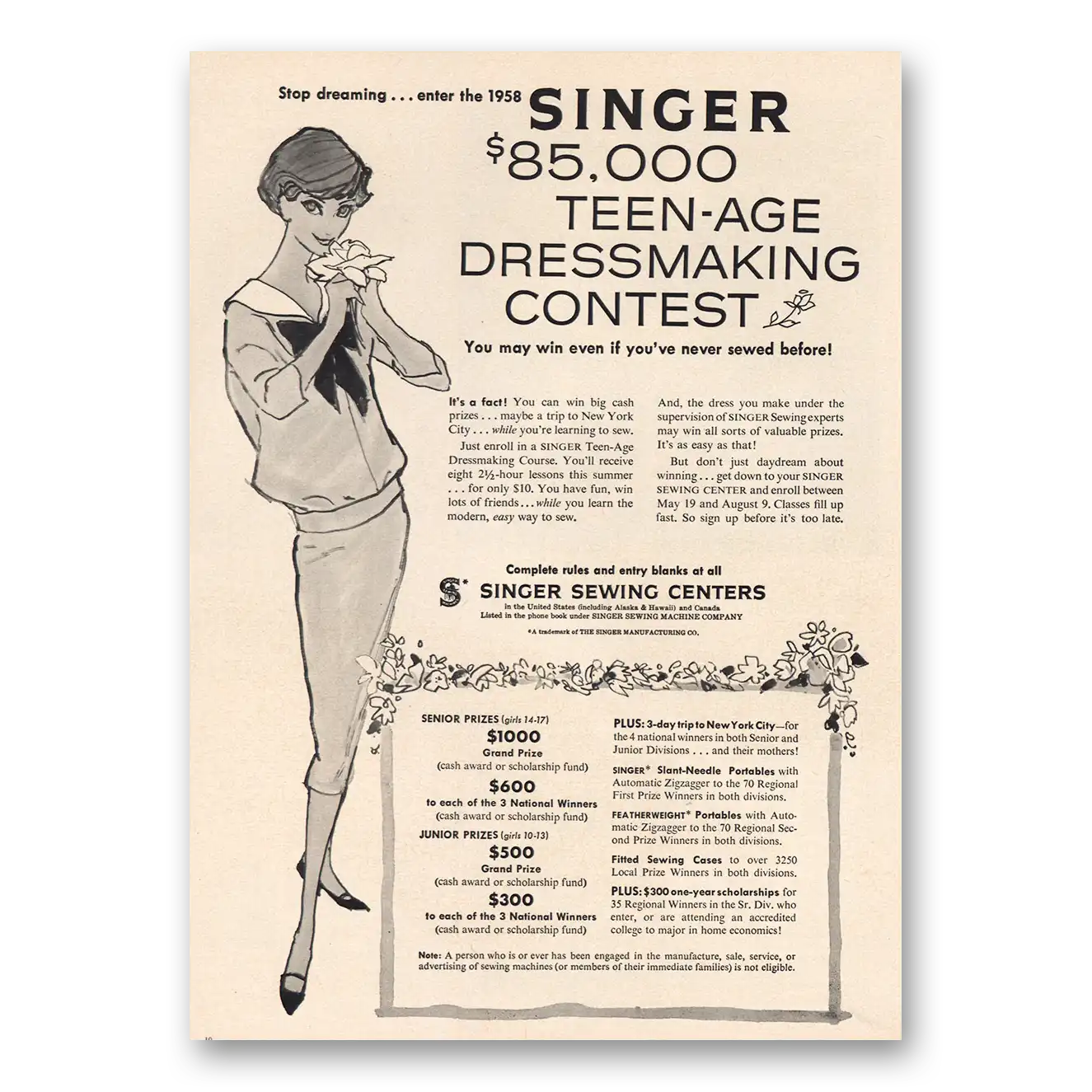 1958 Singer Sewing Centers Teen Age Dressmaking Contest Vintage Magazine Print Ad