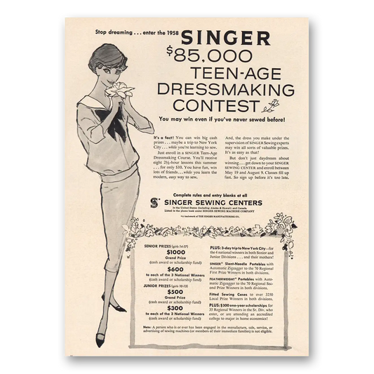 1958 Singer Sewing Centers Teen Age Dressmaking Contest Vintage Magazine Print Ad