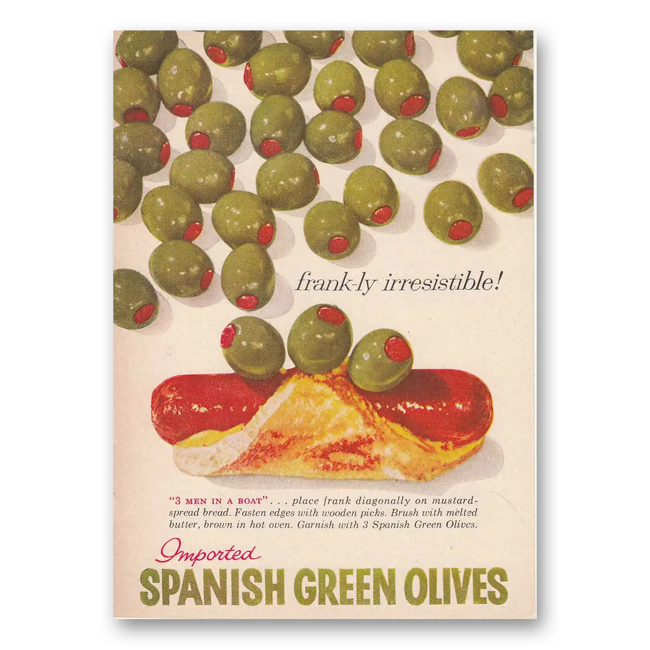 1958 Spanish Green Olives Frankly Irresistible Vintage Magazine Print Ad