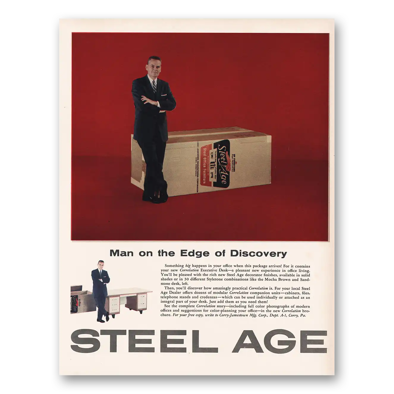 1958 Corry Jamestown Steel Age Man On the Edge of Discovery Vintage Magazine Print Ad