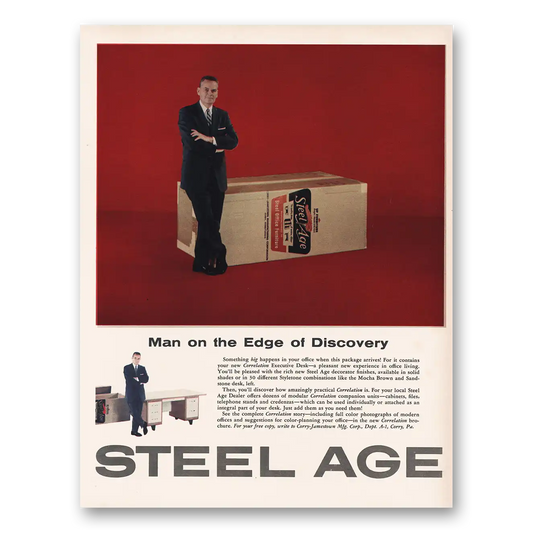 1958 Corry Jamestown Steel Age Man On the Edge of Discovery Vintage Magazine Print Ad