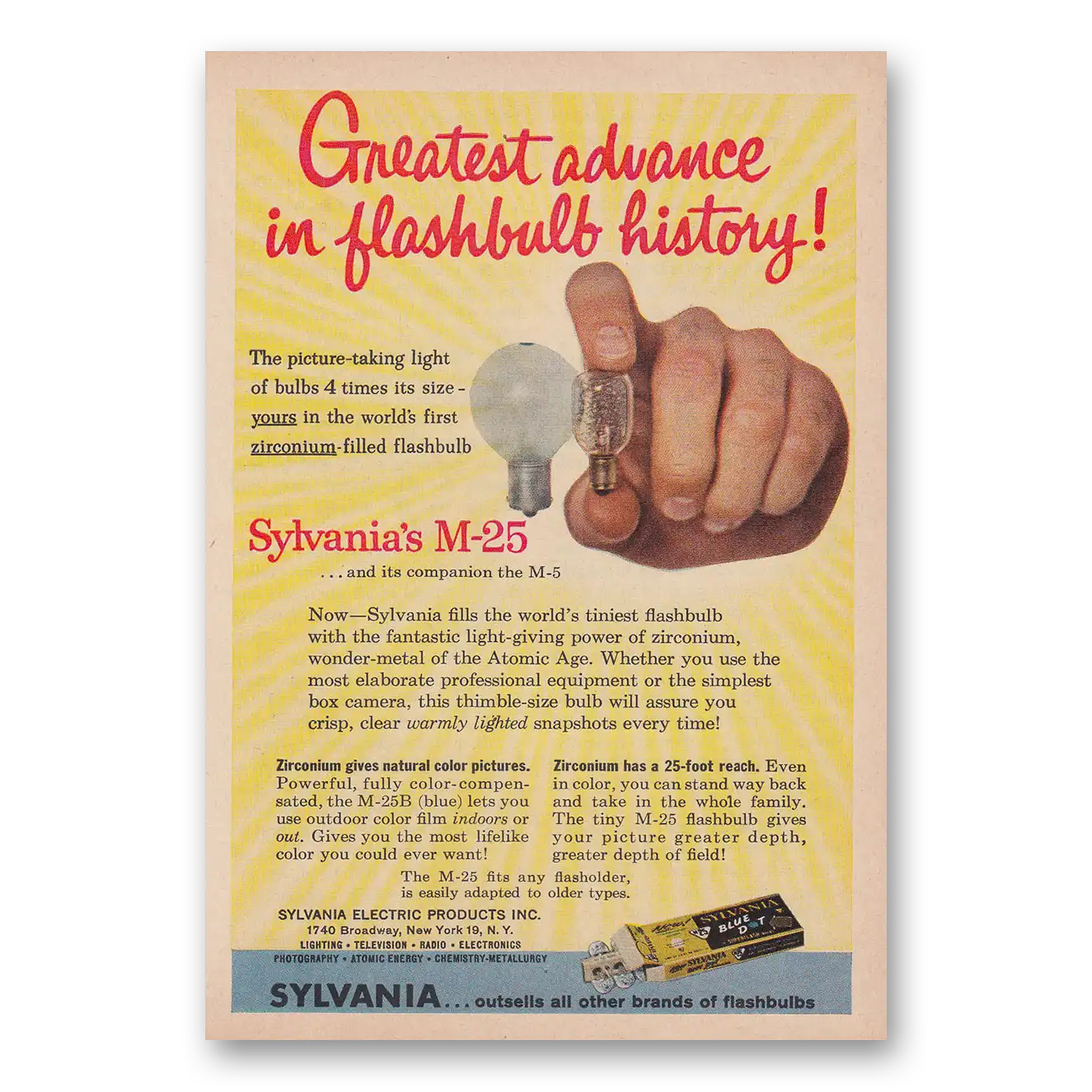 1958 Sylvania Flashbulbs Greatest Advance in Flashbulb History Vintage Magazine Print Ad