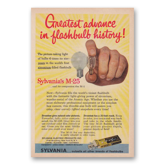 1958 Sylvania Flashbulbs Greatest Advance in Flashbulb History Vintage Magazine Print Ad