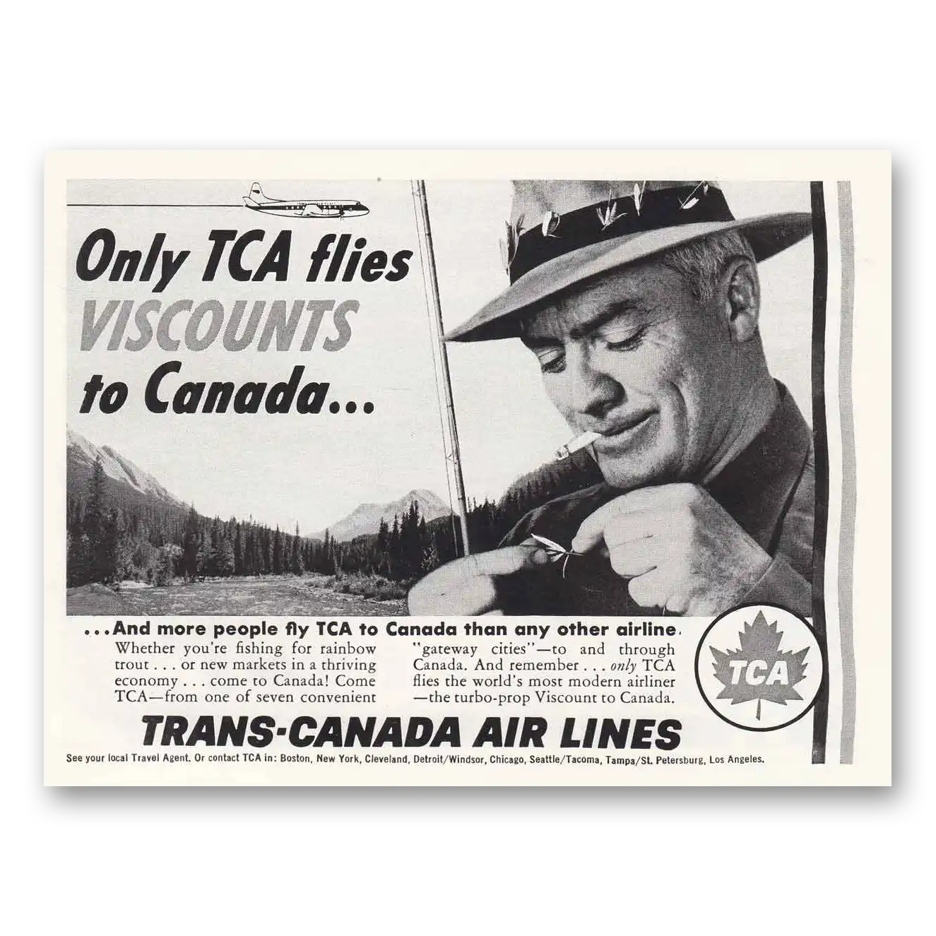 1958 TCA Air Canada Only TCA Flies Viscounts to Canada Fisherman Vintage Magazine Print Ad