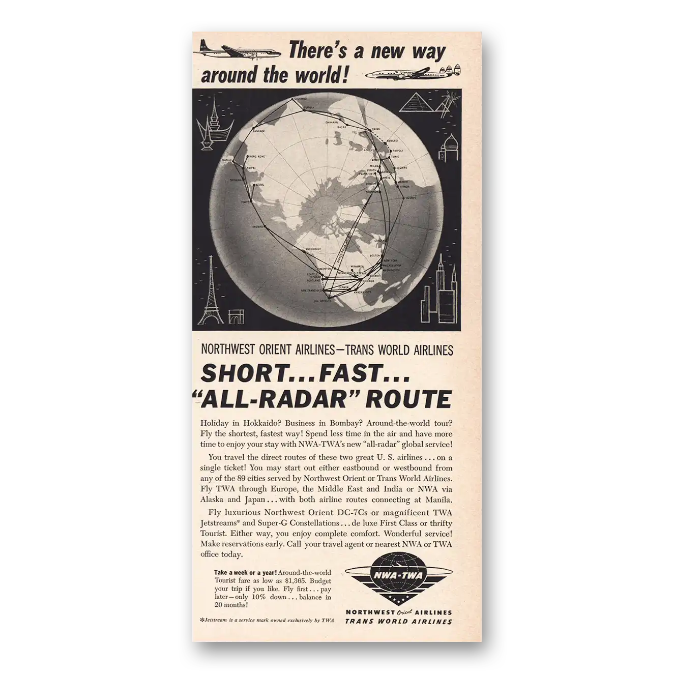 1958 TWA Airlines NWA TWA Airlines Short Fast All Radar Route Vintage Magazine Print Ad