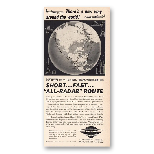 1958 TWA Airlines NWA TWA Airlines Short Fast All Radar Route Vintage Magazine Print Ad